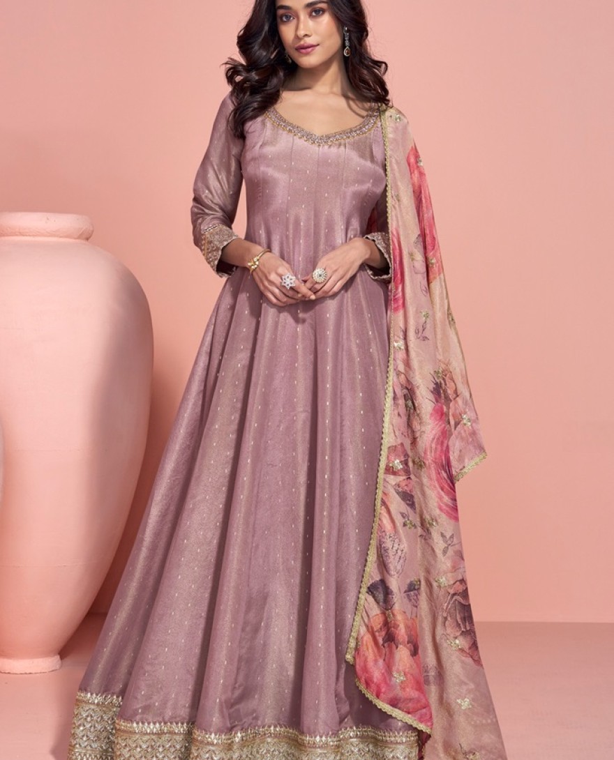 2025 - DULL MAUVE DESIGNER EMBROIDERED PURE JACQUARD SILK ANARKALI SUIT